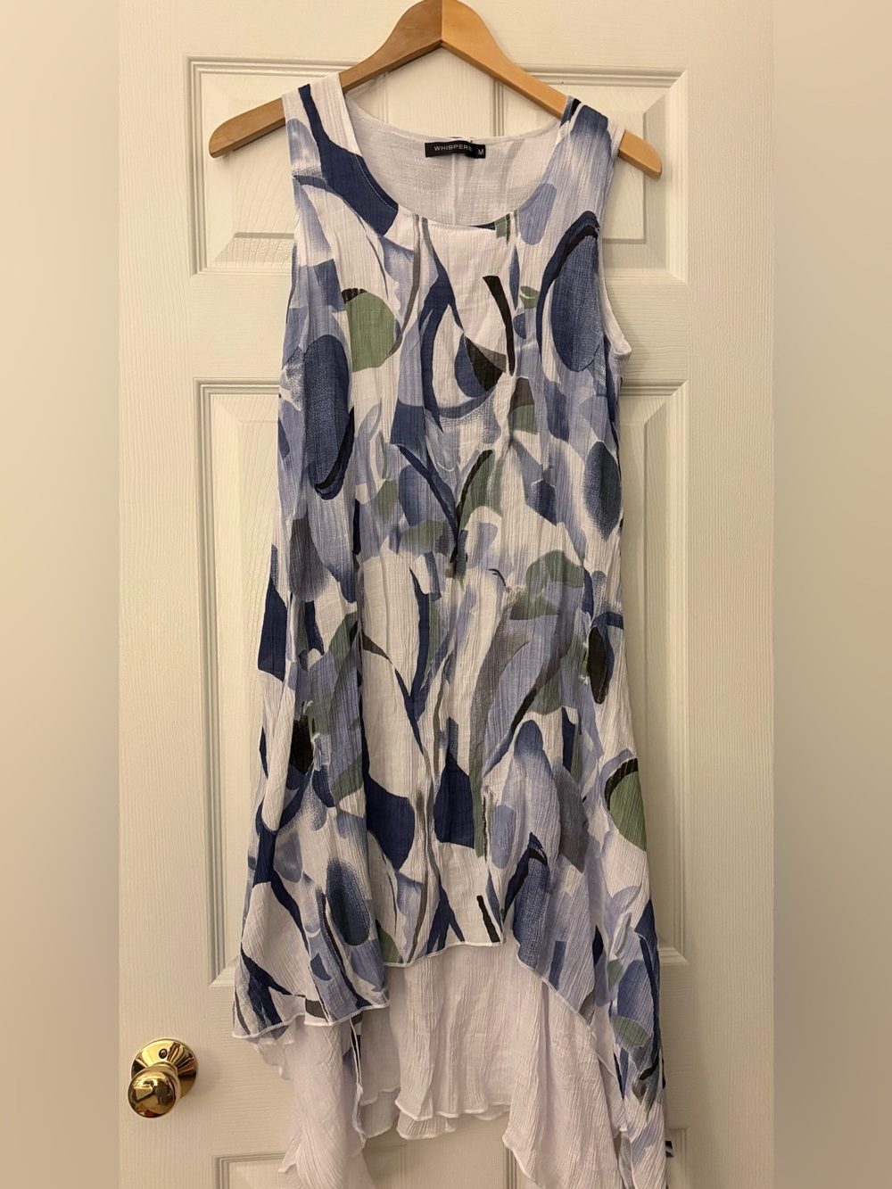 Gauzy White Sleeveless Midi Dress with Blue Abstract Print